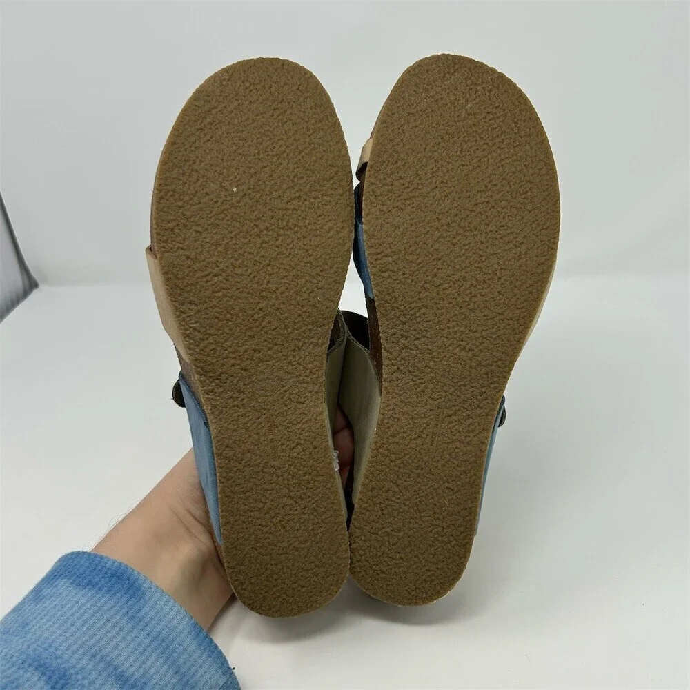 Bos & Co. Womens Blue Tan Slip On Wedge Thong Sandals Size 10 Made in Italy